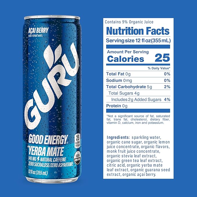 GURU Yerba Mate Organic Energy Drinks, Clean Energy Drink with Plant Based Natural Caffeine from Green Tea, Low Calorie, Gluten Free, 140mg Caffeine, Healthy Drinks, Acai Berry, 12oz (Pack of 12)