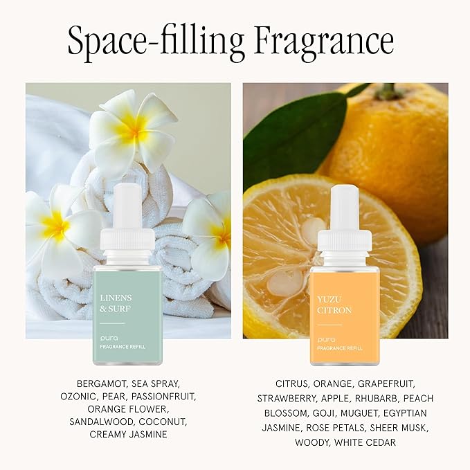 Pura - Smart Home Fragrance Device Starter Set - Pura 4 - Scent Diffuser for Home - Includes Fragrance Aroma Diffuser - Square Box, Linens & Surf and Yuzu Citron Scent Refills