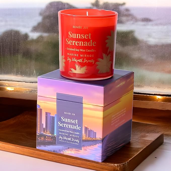 ROMIIE ZOI Marine Mirage Scented Candle - Sunset Serenade - 6oz Soy Wax Candle for Home Scented, Stress Relief Candle Gifts for Women/Men