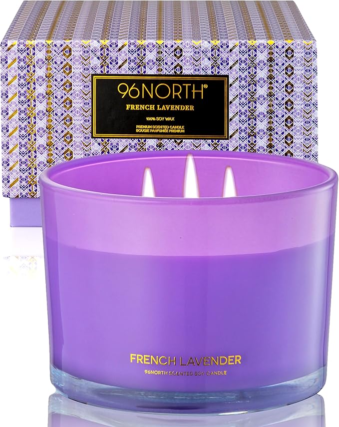 96NORTH Luxury Lavender Soy Candle | Large 3 Wick Jar Candle | Up to 50 Hours Burning Time | 100% Natural Soy Wax | Relaxing Aromatherapy Aesthetic Candle | Housewarming Gift for Women and Men