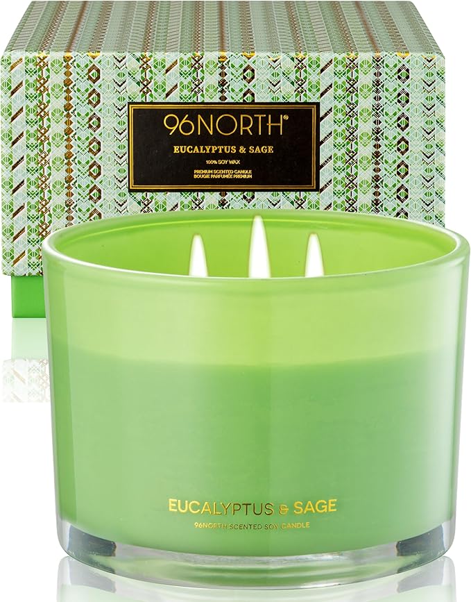 96NORTH Luxury Eucalyptus & Sage Soy Candle | Large 3 Wick Jar Candle | Up to 50 Hours Burning Time | 100% Natural Soy Wax | Housewarming Gift for Men and Women
