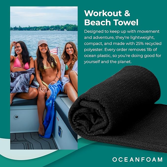 Oceanfoam Beach Towel – Lightweight, Absorbent, Quick-Drying, Sand-Resistant, Non-Slip – Ideal for Workouts, Yoga, Pilates, Beach, Pool, Boat & Travel – 25% Recycled – 72"x24" (Black)