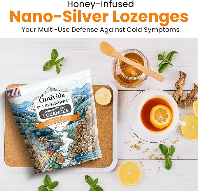 OPTIVIDA Nano Colloidal Silver Lozenges 60 PPM - Organic Cough Drops for Adults - Soothing Natural Honey Sore Throat Lozenges for Immune Support - Cold & Cough Relief Formula for Adults & Kids - 27ct