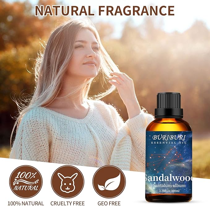BURIBURI 100ML Sandalwood Essential Oil, 100% Pure Undiluted Aromatherapy Sandalwood Oil 3.38fl.oz for Soap, Candle Making, Massage, Diffuser, Humidifier