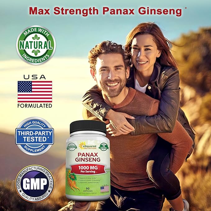 aSquared Nutrition Natural Korean Panax Ginseng (1000mg Max Strength)-90 Capsules Root Extract Complex (Red & White), High Dosage Ginsenosides in Seeds, Asian Powder Supplement,Tablet Pills for Energy