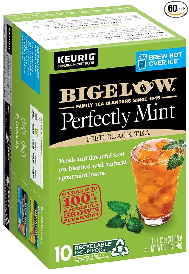 Bigelow Tea Unsweetened Perfectly Mint Iced Black Tea Keurig K Cup Pods, Caffeinated Tea Keurig Tea Pods, 10 Count Box (Pack of 6), 60 Total K-Cup Pods