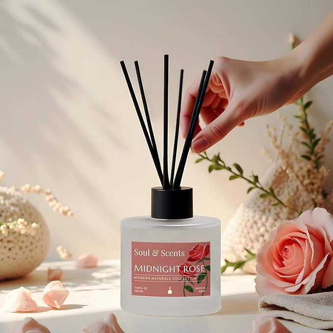 Soul & Scents Reed Diffuser Set – Midnight Rose | 7.43 oz Refillable Scented Oil with 6 Fiber Sticks | Long-Lasting Home Fragrance & Air Freshener for Bedroom, Bathroom, Office | Gift & Décor Piece