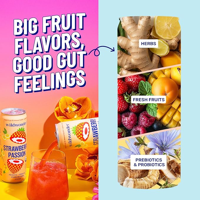 wildwonder Sparkling Probiotic Juice Drink 18pk, w/Gut Health & Immunity Support, 5g Prebiotic Fiber, Live Probiotics, Organic, Vegan, Low Sugar, Sampler Pack, 6 Flavors, Seen on Shark Tank
