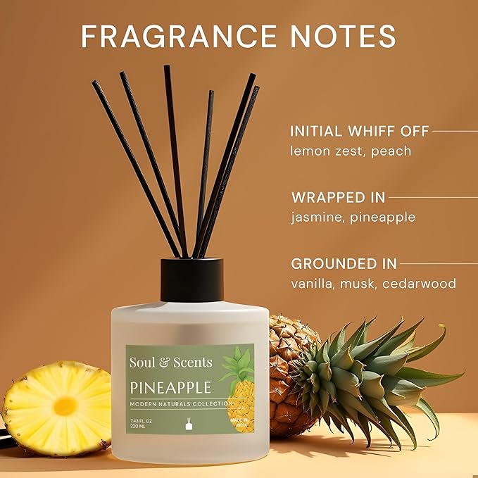 Soul & Scents Reed Diffuser Set – Pineapple | 7.43 oz Refillable Scented Oil with 6 Fiber Sticks | Long-Lasting Home Fragrance & Air Freshener for Bedroom, Bathroom, Office | Gift & Décor Piece