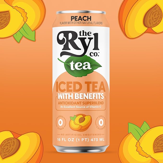 Ryl Iced Tea, Peach, Antioxidant Superblend, Zero Sugar, Low Carb, Zero Calorie Iced Tea, 16.0 Fl Oz (12-Pack)