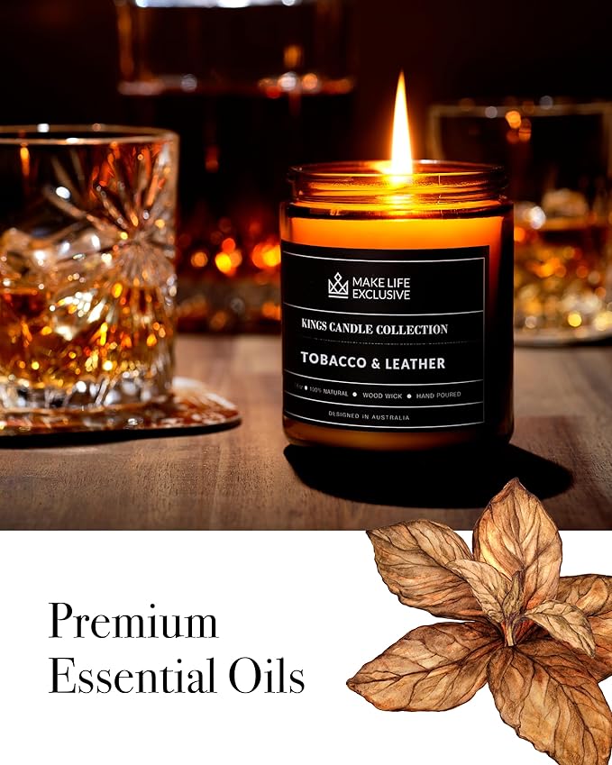 Scented Candles for Men | Tobacco & Leather Scented | Wooden Wick, Long Lasting, Masculine Scents | Natural Soy Jar Candle for Home, Bacehlor Pad Decor | The Perfect Mens Gift