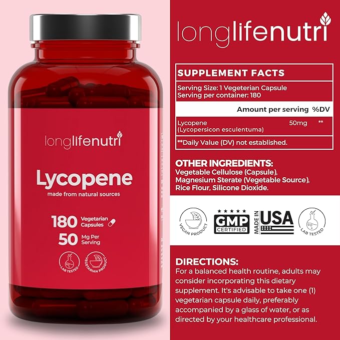 Lycopene 50mg 180 Vegetarian Capsules | Supplement Health | Natural Tomato Extract Non-GMO | Pure Powder