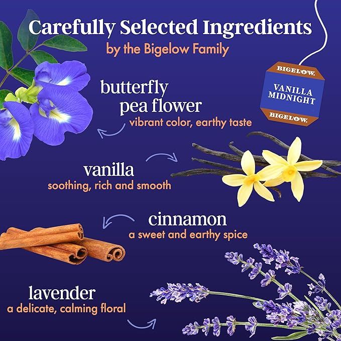 Bigelow Tea Vanilla Midnight Butterfly Pea Flower, Caffeine Free (Pack of 6), 108 Total Tea Bags
