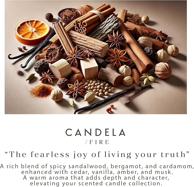 Candela Spicy Sandalwood Candles, Home Scented for Soothing Atmosphere, Handcrafted Scented Candle with Wood Wick & 100% Recycled Glass Jar - 9.5 oz