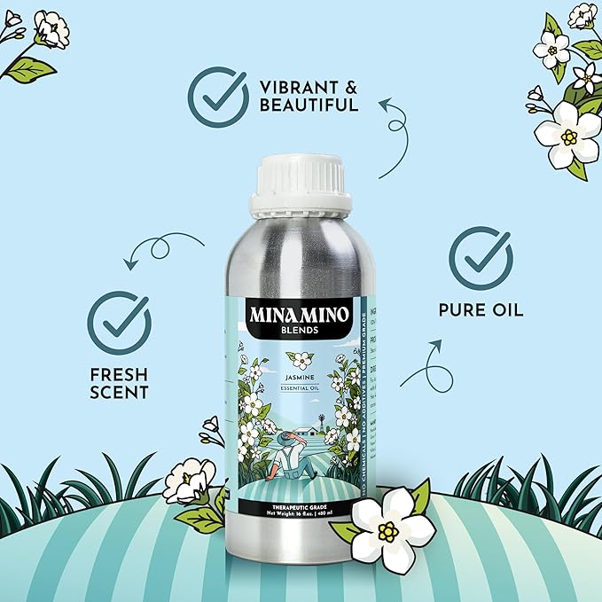 16 fl oz - Jasmine Essential Oil (100% Pure & Natural) Large Aluminum Bottle for Aromatherapy, Diffuser, Candle & Soap Making - Minamino Blends