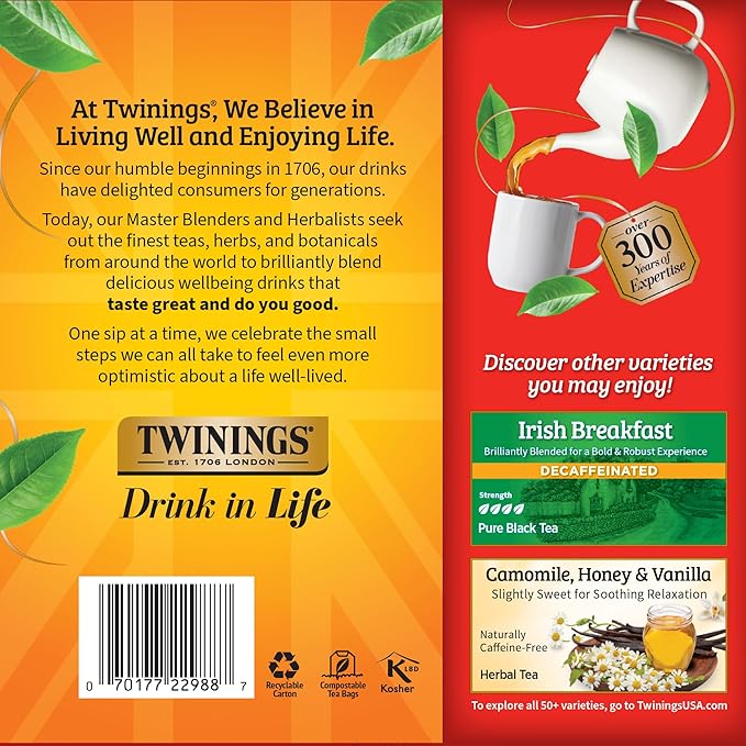 Twinings Decaffeinated English Breakfast Black Tea Individually Wrapped Bags, 100 Count (Pack of 1), Smooth, Flavourful Black Tea, Enjoy Hot or Iced, 100 Teabags