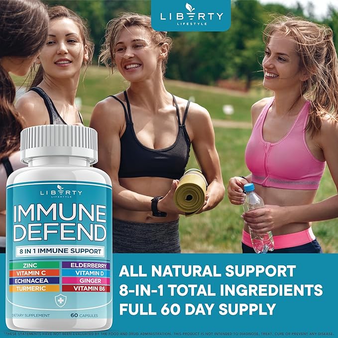 8 in 1 Immune Supplement with Echinacea, Vitamin C and Zinc 50mg, Vitamin D 5000 IU, Turmeric Curcumin & Ginger, B6, Elderberry, 60 Capsules