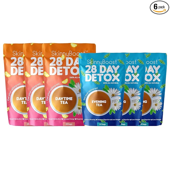SkinnyBoost 28 Day Detox Tea Kit – Natural Cleansing & Bloating Support – 3 Pack - 28 Daytime Tea Bags & 14 Evening Tea Bags – Green Tea & Herbal Blend – Non-GMO, Vegan, Keto-Friendly, Sugar-Free