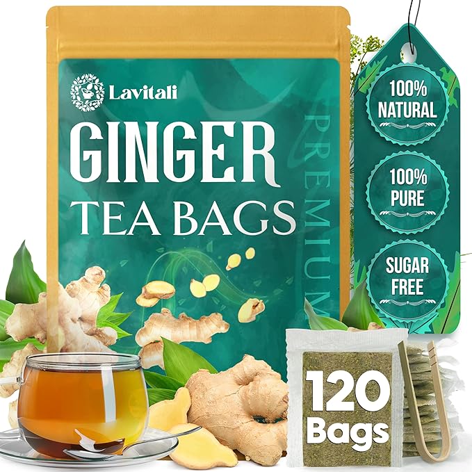 Lavitali, Ginger Tea Bags | 120 bags, 100% Pure Herbal Tea | Caffeine-Free, No Sugar, Eco-Friendly Filter Bags | Daily Natural Botanical, Hot or Iced Herbal Infusion