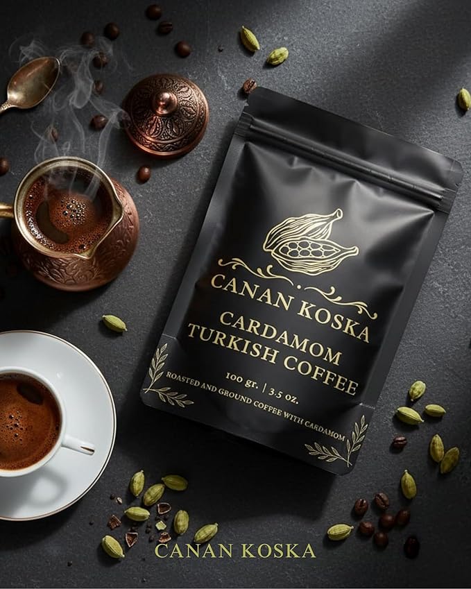 Canan Koska Cardamom Turkish Coffee - Premium Ground Coffee With Natural Cardamom Grounds, Medium Roast, Traditional Ottoman Recipe - 3.5oz (100g) - Pack Of 6