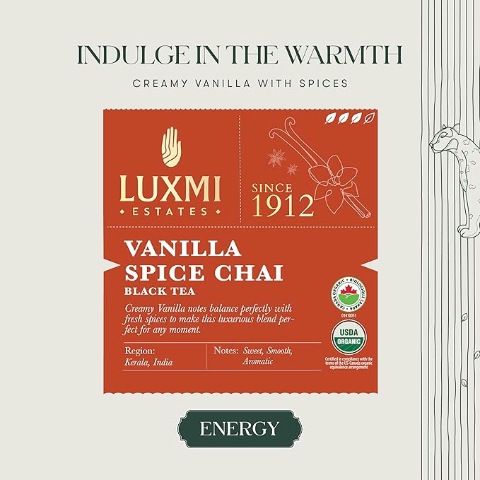 LUXMI Estates Vanilla Spice Chai 100Gm Loose Leaf Tin | Certified Organic Black Tea Leaf | Smooth, Flavorful, Robust, Caffeinated | Darjeeling & Assam Tea From India, 100 grams