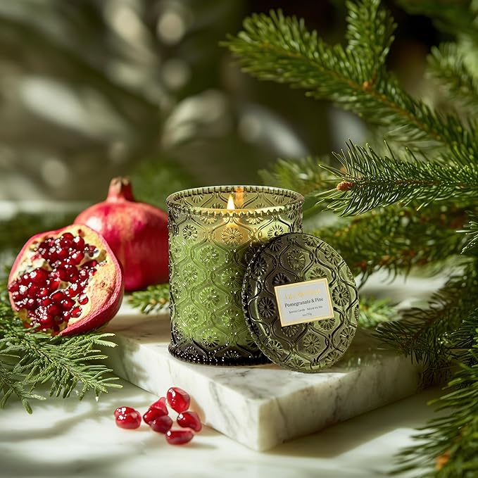 LA JOLIE MUSE Christmas Candles | Pine & Pomegranate Candle | Lemon, Pomegranate & Pine | 6 oz Natural Soy Wax | 40 Hours Clean Burn | Gift-Ready for Hosts, Gatherings | Elegant Home Décor