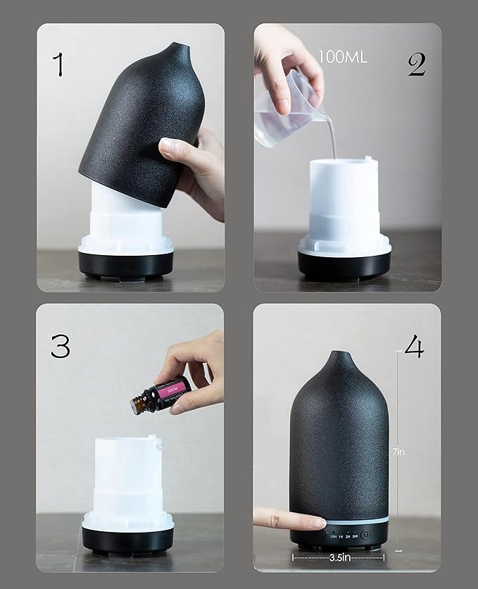 Essential Oil Diffuser,Handcrafted Ceramic Diffuser for Home,Ultrasonic Cool Mist Air Diffuser, 9 Colors Night Light with Timer (Black)