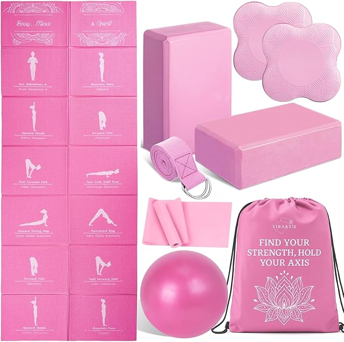 ViraAxis Foldable Yoga Mat and Blocks Set for Women with 2 Pack Yoga Blocks and Strap,Thin Non Slip Pilates Mat with Bag, Home Workout Equipment Essentials Starter Kit for Beginners Full Body Toning