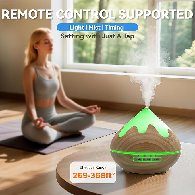 Essential Oil Diffuser for Home 500ML, Ultrasonic Large Diffuser Oil Machine with Remote Control, Aromatherapy Diffusers for Home Office Room, Aroma Diffuser with 14 Color LED & 2 Mist Mode, Brown