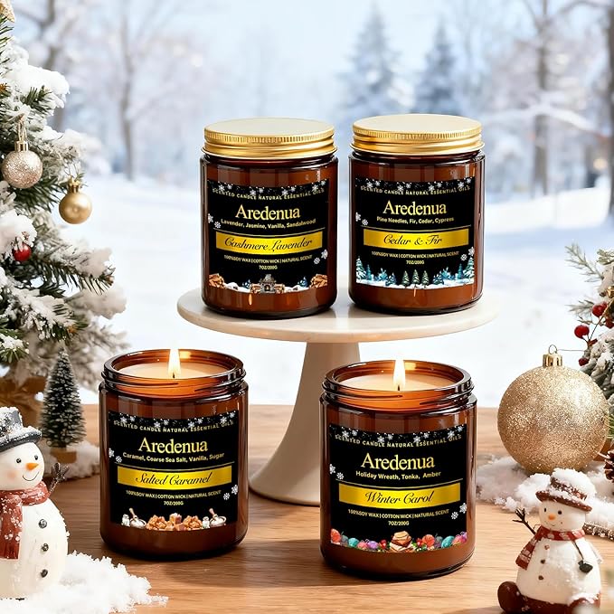 Winter Candles - Salted Caramel Candle | Cozy Holiday Scented Candles - 7oz Jar Soy Candle for Winter Home, Holiday & Christmas Gifts for Women Men