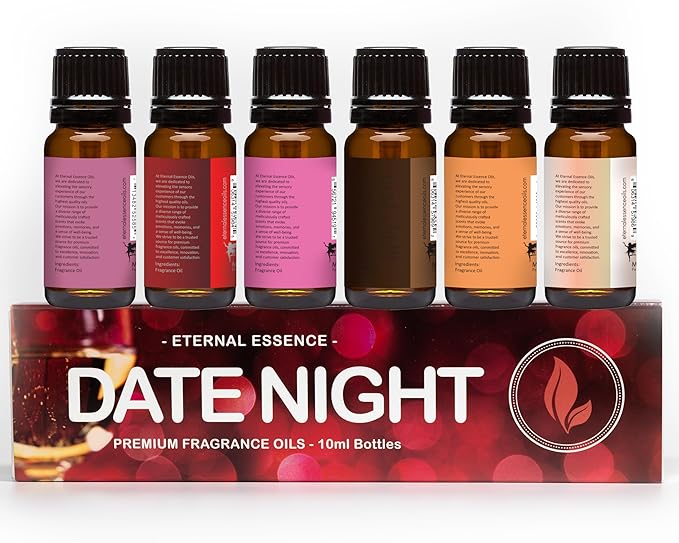 Eternal Essence Oils Date Night Set of 6 Premium Fragrance Oils - Includes PS I Love You, Amber Romance, Secret Crush, Chocolate Fondue, Strawberry Champagne, and Love Spell Scented Oils - 10ML