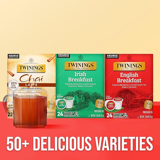 Twinings Irish Breakfast Black Tea K-Cup Pods for Keurig, 24 Count (Pack of 1), Robust, Strong, Bold Flavour, Caffeinated, Enjoy Hot or Iced