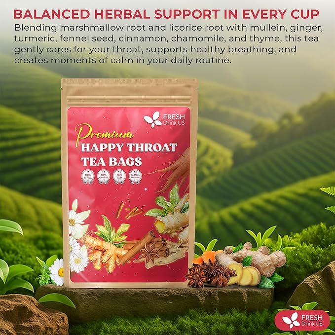 Premium Happy Throat Herbal Tea – 135 Bags Of Supper Tea Blend: Marshmallow Root, Slippery Elm & Ginger – Dry & Sore Throat Relief – Caffeine-Free, No Honey, No Citrus – No Sugar