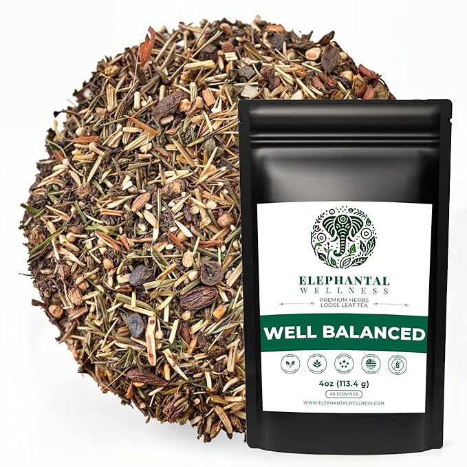 Elephantal Wellness Premium Well Balanced Herbal Tea | Healthy Cortisol, Adaptogenic Stress Energy Support with Ashwagandha, Goji, Reishi, Holy Basil & Lion’s Mane, Caffeine-Free, Non-GMO, 4 oz