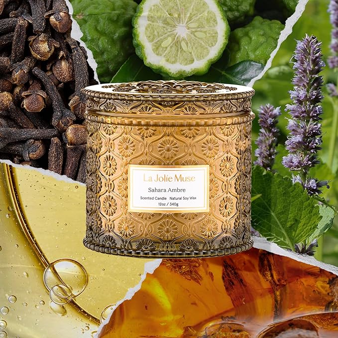 LA JOLIE MUSE Sahara Amber Candle – Bergamot, Clove & Amber | 12 oz Large 2-Wick Soy Wax Candle | 60 Hours Clean Burn | Gift-Ready for Hosts & Gatherings | Elegant Home Décor