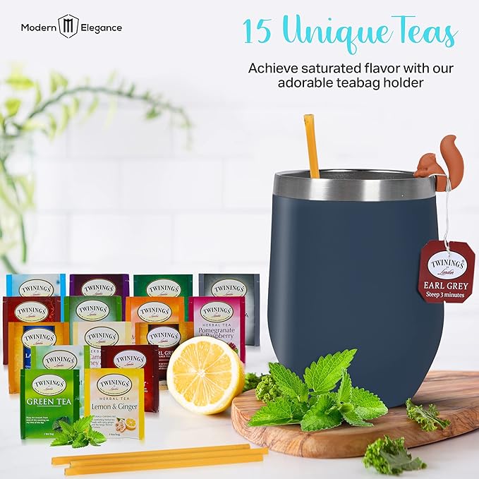Tea Gift Set for Women and Men – Elegant Tea Sets for Women Gift with 15 Unique Teas, Stainless Steel Tumbler & 10 Honey Straws in Premium Box (Blue)