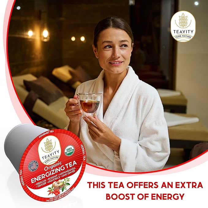 Organic Ashwagandha Tea Pods for Keurig with Ginger, Licorice, Organic Hibiscus Sabdariffa, Rosehip, & Lime - Decaf Herbal Tea - Energizing Tea by Teavity (24 Tea Pods)