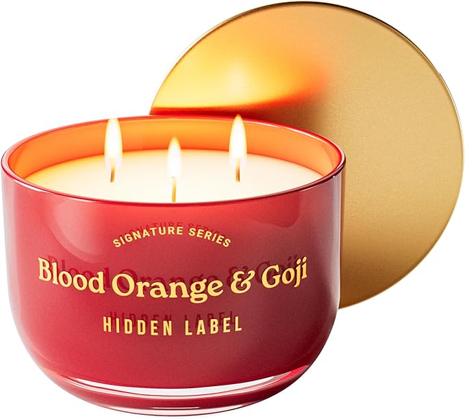 Hidden Label Blood Orange & Goji Scented Candles, 3 Wick Aromatherapy Candle for Home Scented – 18oz/70-Hour Burn Time, 100% Natural Soy Candle Non Toxic, Luxury Home Décor for Women and Men Gifts
