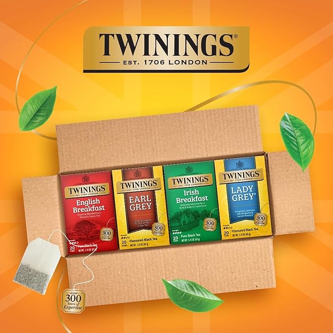 Twinings Variety Pack Black Tea Bags, 20 Count (Pack of 4), Includes English Breakfast, Earl Grey, Irish Breakfast, and Lady Grey, Caffeinated, Enjoy Hot or Iced, 80 Teabags