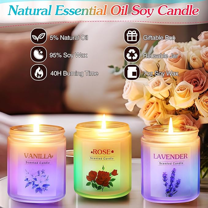 Valentine's Day Glowing Scented Candles with Sensor Light, Aromatherapy Candles Gifts for Women, Rose Vanilla Lavender Candle, Natural Soy Candle for Home Scented, Women Valentine Gift