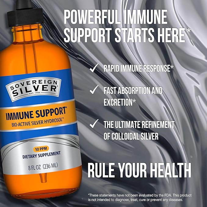 Sovereign Silver Immune Support - Colloidal Silver, Bio-Active Silver Hydrosol, 10 ppm, Liquid Dropper, 8 Fl Oz, (236 mL)