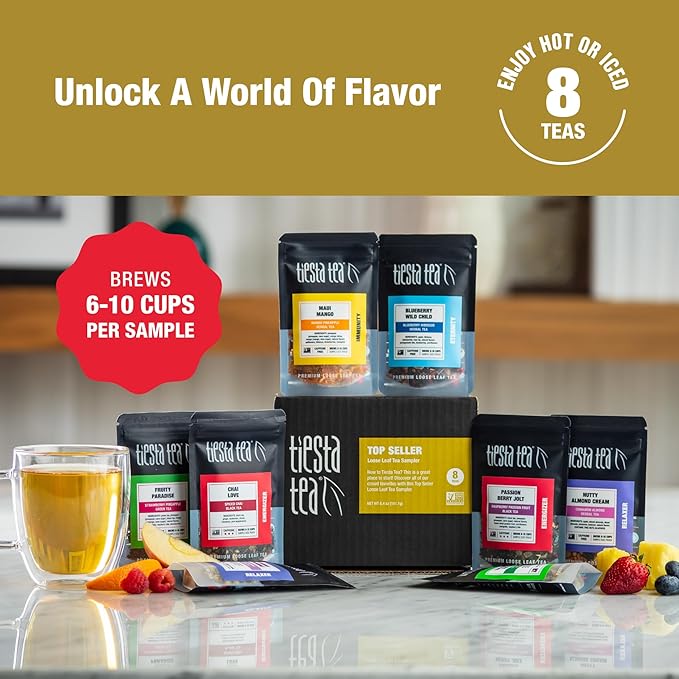 Tiesta Tea - Favorites Starter Sampler Dry Flight Set, Loose Leaf, High to No Caffeine, Makes Hot & Iced, Assorted Tea Sets with Herbal, Black, Fruit Blends & More, 8 Resealable Sample Pouches