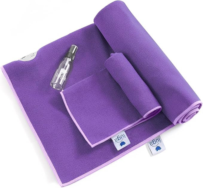 IUGA Yoga Towel for Hot Yoga Non Slip Extra Thick Yoga Mat Towel + Hand Towel 2in1 Set with Corner Pockets Super Absorbent and Quick Dry Hot Yoga Towel