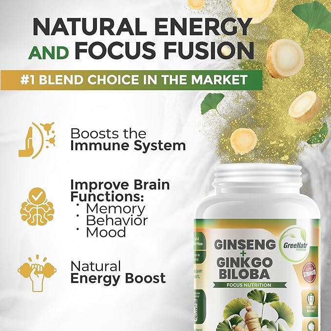 GreeNatr Ginko Biloba & Panax Ginseng Supplement - Red Ginseng Brain Supplement for Memory and Focus - Ginkgo Biloba Supplements for Good Vision, Immune System and Improved Blood Flow - 60 Tablets