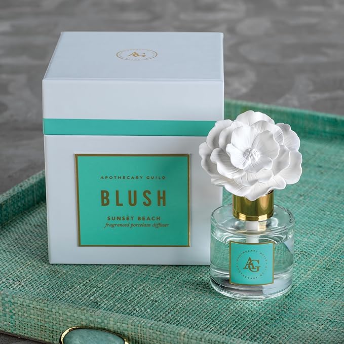 Zodax Apothecary Guild Blush Porcelain Oil Diffuser - Home Fragrance Diffuser Ideal for Living Room, Bathroom, Office - Makes a Great Gift - Porcelain Flower Design - Sunset Beach - 1.69 Oz.