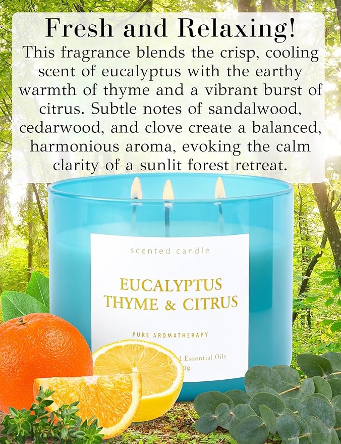 Eucalyptus Thyme Citrus 3-Wick Soy Scented Candle, 15.8 oz Large | Scented Candles for Home | Spa Aromatherapy Eucalyptus Candle