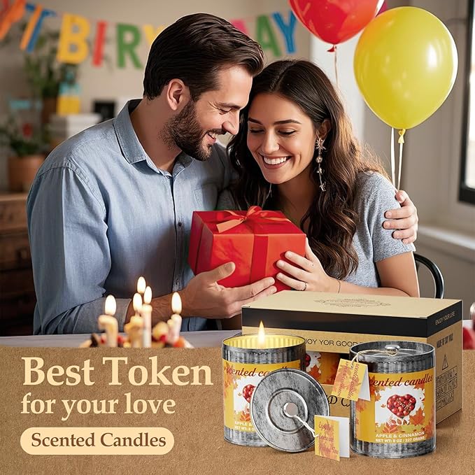Apple&Cinnamon Scented Soy Candle Set | 2Pack 16oz with 8% Essential Oil | 60 Hours Long-Lasting Strong Aromatherapy Candles in Vintage Tins | Rustic Home Gift Set for Men&Women/Father's Day