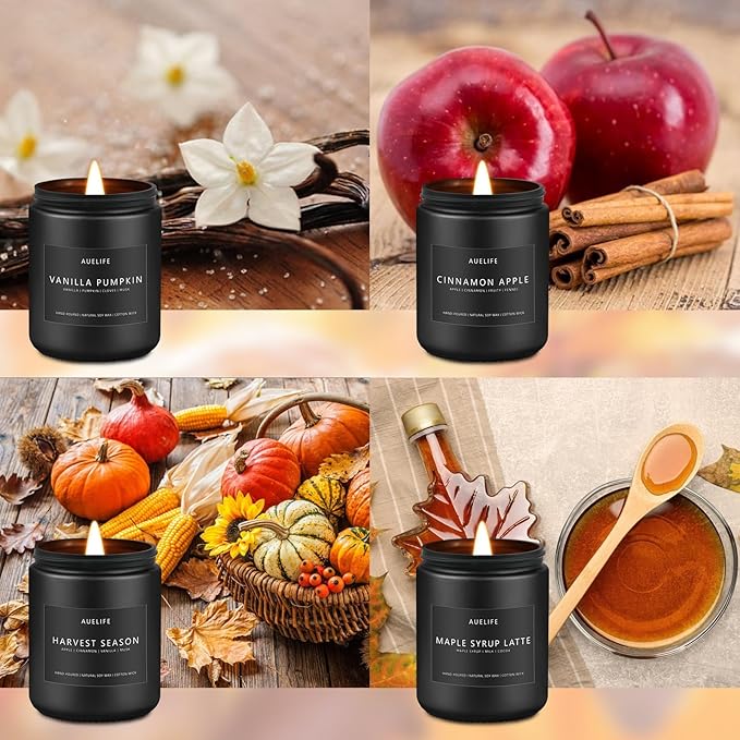 Fall & Winter Holiday Candle Set – 4-Pack Cozy Soy Candles with Pumpkin Vanilla, Cinnamon Apple, Harvest Season & Maple Syrup Latte – Warm Seasonal Christmas & Birthday Gifts