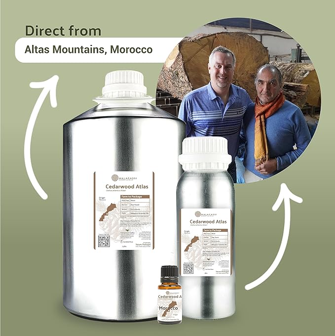 Pure Cedarwood (Atlas) Essential Oil (2lbs) - Direct from Malagassi Essential Oils Farm in Morocco - Essential Oils for Diffusers and Aromatherapy | Pure Therapeutic Grade