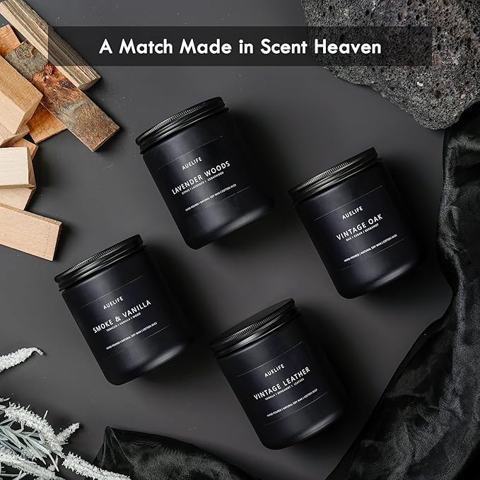 Winter Candle Gift Set for Men – 4 Pack Soy Candles with Cedar Oakmoss, Pine & Clove, Amber Patchouli, Sandalwood – Masculine Scented Candles for Home, Christmas Gift Set for Dad Fathers Day
